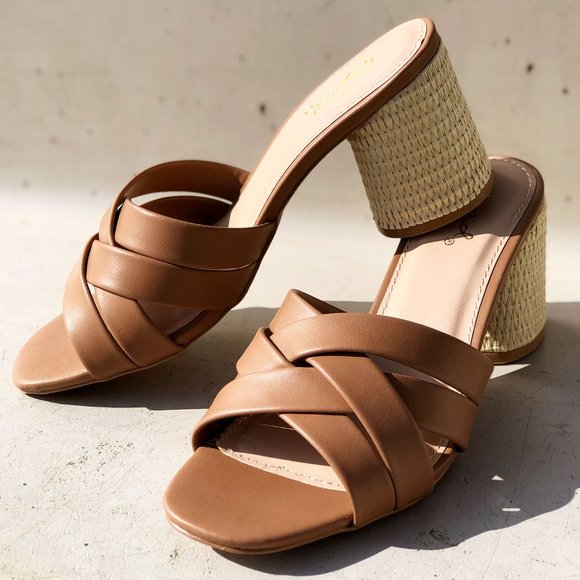 NEW Multi Crisscross Straps Natural Raffia Oval Block Heel Slip On Slide Sandals - Picture 2 of 14